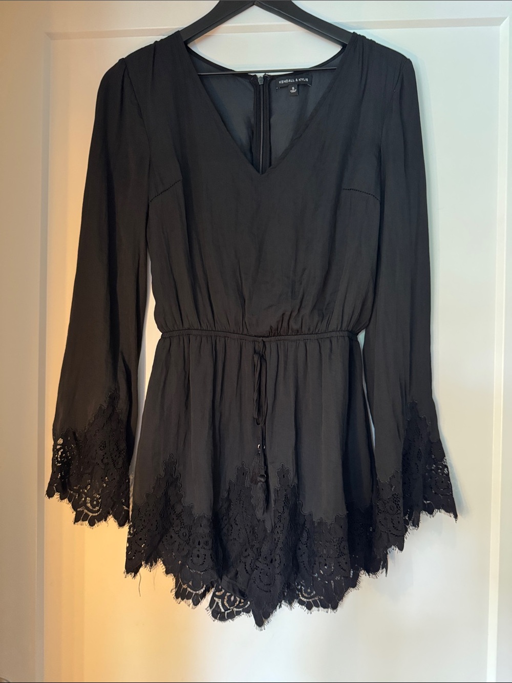 Kendall & Kylie Black Lace-Trim Long Sleeve Romper